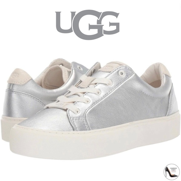 UGG ZILO Metallic Silver Leather Sneakers Trainers COMFORTABLE FLAT SHOE 9.5 - Picture 1 of 12